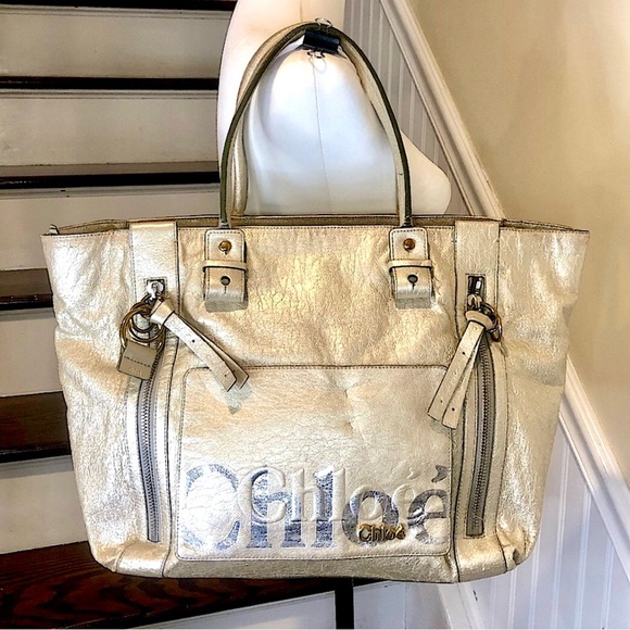 CHLOE Eclipse Oversized Ivory Silver Gold Tote Shoulder Bag Exterior Zip Pockets - Picture 1 of 17